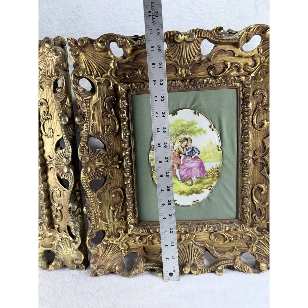 VTG Fragonard Courting Couple Porcelain Plaques Carved Wood Ornate Gold Frame Lg